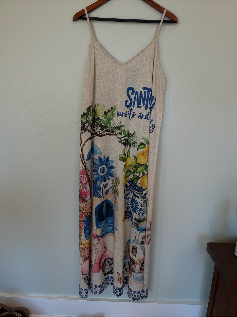 LOOWIE Santorini Sunsets and City Print V-Neck Strappy Maxi Dress OS